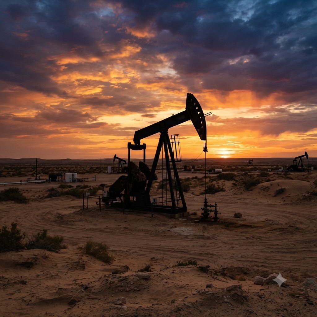 Oil pumpjack silhouetted at sunset, representing BRONCI's Crude Oil supply