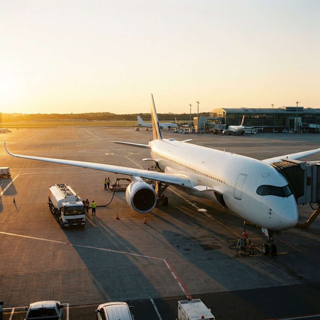 Aircraft being refueled on the tarmac at dusk, representing BRONCI's Jet Fuel A-1 supply